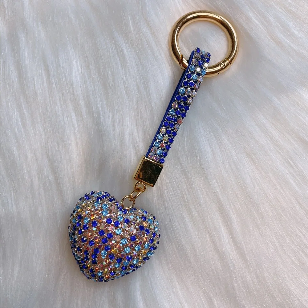Blue 3D heart bling keychain bag charm